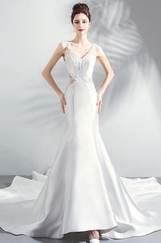 Fancy Pearl White Satin Tight Mermaid Wedding Dress With Long Train ...