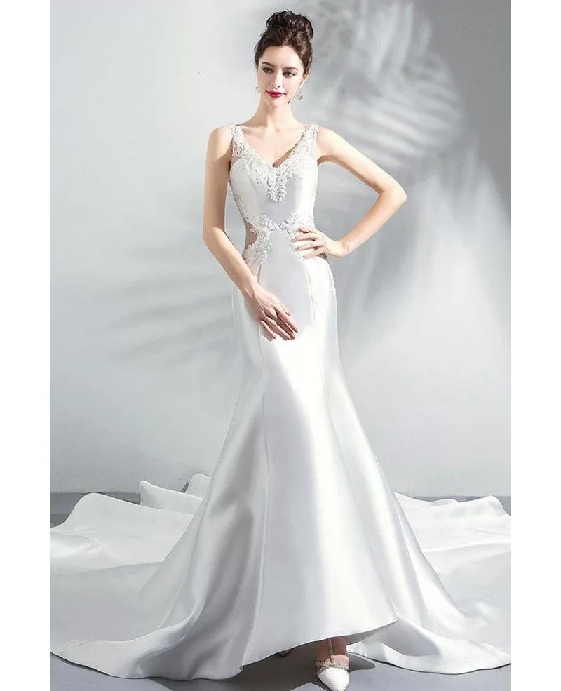 Fancy Pearl White Satin Tight Mermaid Wedding Dress With Long Train Wholesale T69049 GemGrace