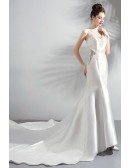 Fancy Pearl White Satin Tight Mermaid Wedding Dress With Long Train