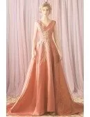 Pink Unique Beaded Silky Satin Long Formal Prom Dress V-neck