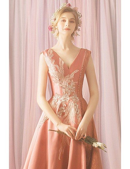Pink Unique Beaded Silky Satin Long Formal Prom Dress V-neck