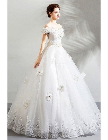 Formal White Lace Trim Cheap Wedding Dress Ball Gown With Off Shoulder ...