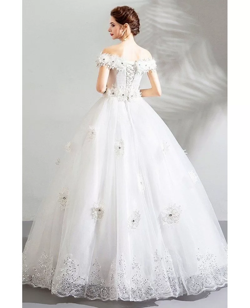 Formal White Lace Trim Cheap Wedding Dress Ball Gown With Off Shoulder ...