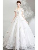 Formal White Lace Trim Cheap Wedding Dress Ball Gown With Off Shoulder