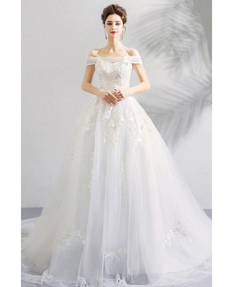 white off shoulder ball gown
