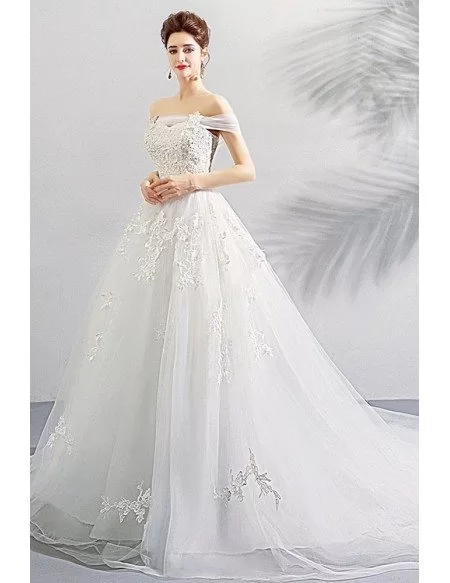 Gorgeous White Off Shoulder Ball Gown Wedding Dress Lace Up With Lace
