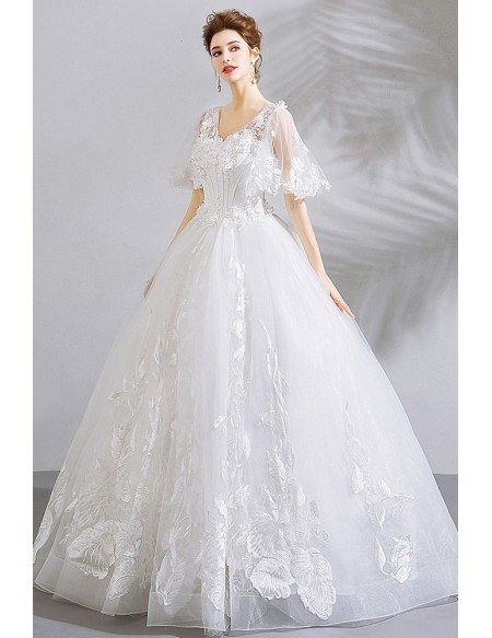 Unique Lace White Ball Gown Floral Wedding Dress With Sleeves