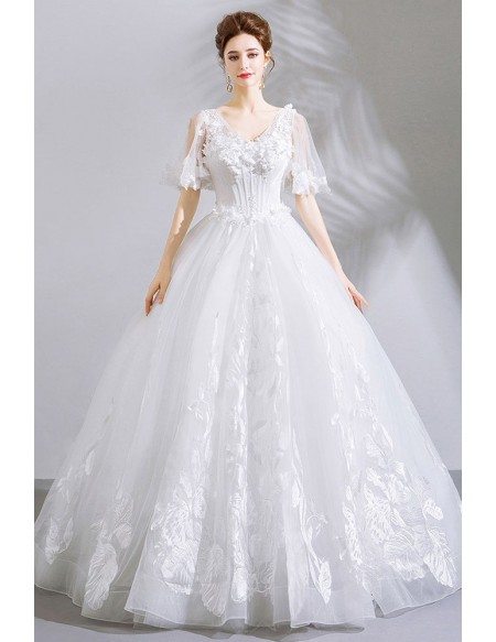 Unique Lace White Ball Gown Floral Wedding Dress With Sleeves
