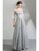Elegant Sparkly Long Grey Formal Dress With Sheer Sleeves Neckline