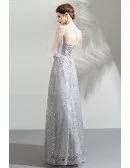 Elegant Sparkly Long Grey Formal Dress With Sheer Sleeves Neckline