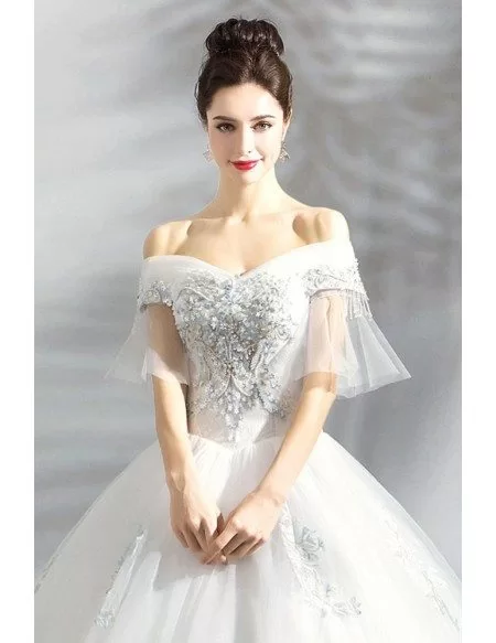 Fancy Embroidery Ball Gown Wedding Dress Princess With Off Shoulder