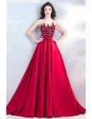 Classy Long Red Satin Evening Prom Dress With Appliques Sleeveless