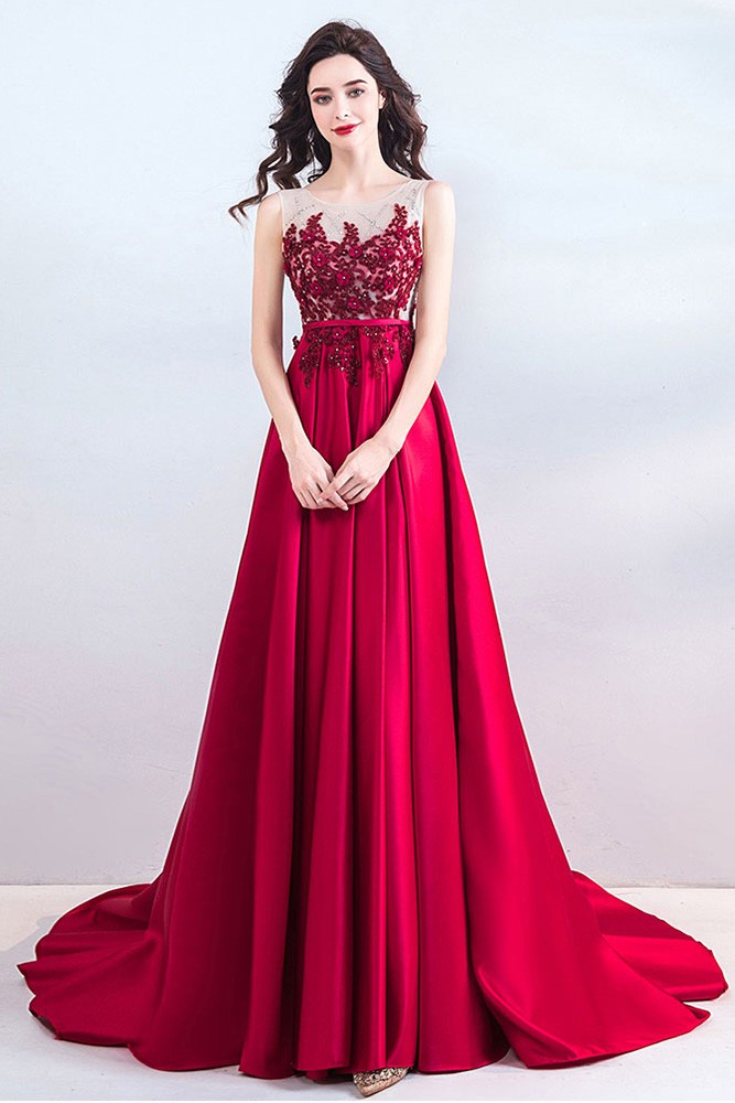 Classy Long Red Satin Evening Prom Dress With Appliques Sleeveless ...