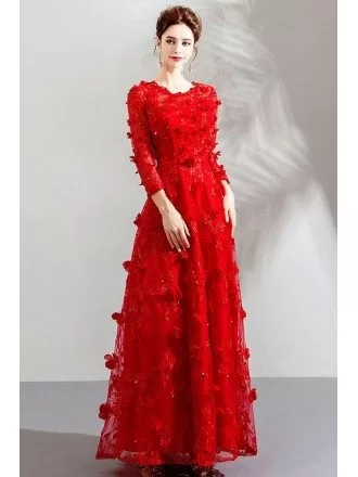Special Long Red Floral Party Dress With Long Sleeves Flowers