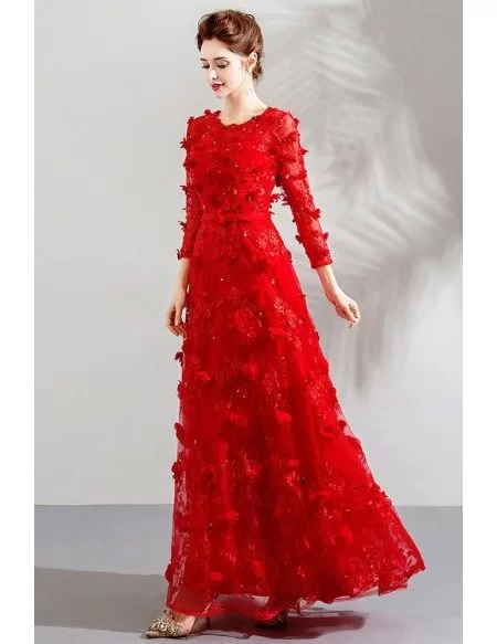 Special Long Red Floral Party Dress With Long Sleeves Flowers