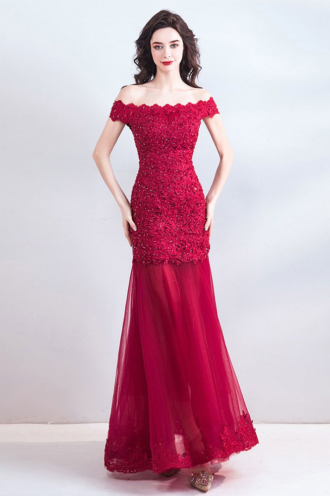 Lace Satin Off Shoulder Mermaid Maxi Evening Dresses