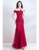 Pretty Burgundy Mermaid Lace Tulle Maxi Prom Dress Off Shoulder
