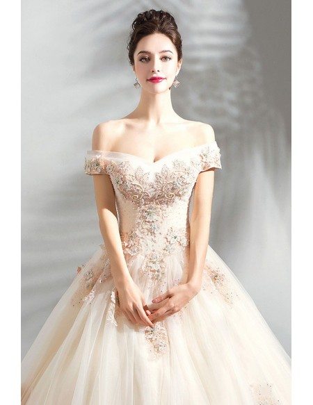 Stunning Nude Pink Ball Gown Wedding Dress Off Shoulder With Lace