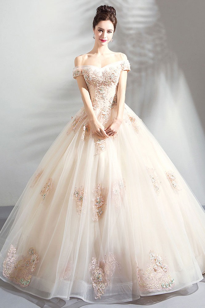 Stunning Nude Pink Ball Gown Wedding Dress Off Shoulder With Lace ...