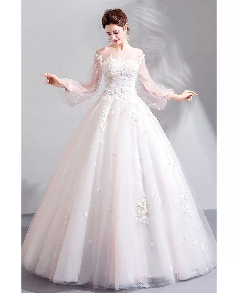Fairy Floral Tulle Ball Gown Wedding Dress With Long