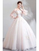 Fairy Floral Tulle Ball Gown Wedding Dress With Long Sleeves