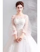 Fairy Floral Tulle Ball Gown Wedding Dress With Long Sleeves
