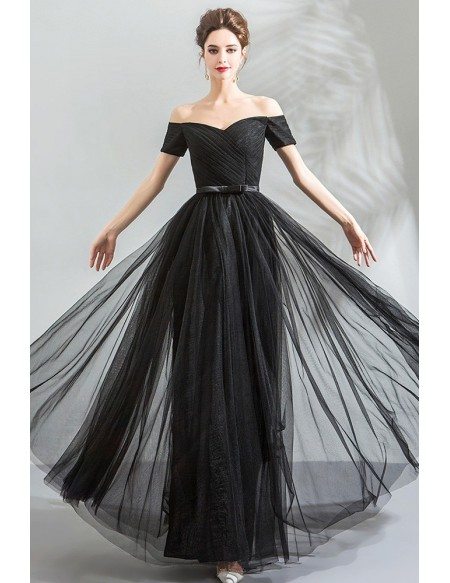 Simple Long Black Sparkly Off Shoulder Prom Dress With Sleeves ...