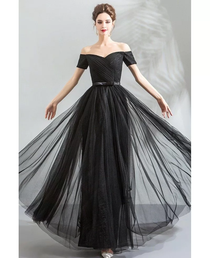 Simple Long Black Sparkly Off Shoulder Prom Dress With Sleeves ...