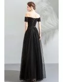 Simple Long Black Sparkly Off Shoulder Prom Dress With Sleeves