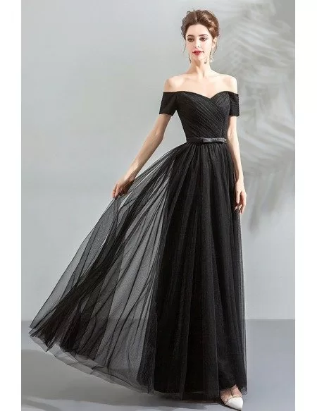 Simple Long Black Sparkly Off Shoulder Prom Dress With Sleeves