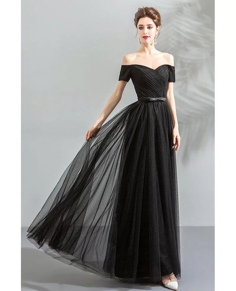 Simple Long Black Sparkly Off Shoulder Prom Dress With