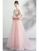 Beautiful Pink Tulle Long Floral Prom Dress With Long Sleeves