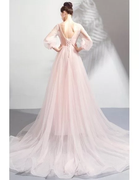Beautiful Pink Tulle Long Floral Prom Dress With Long Sleeves