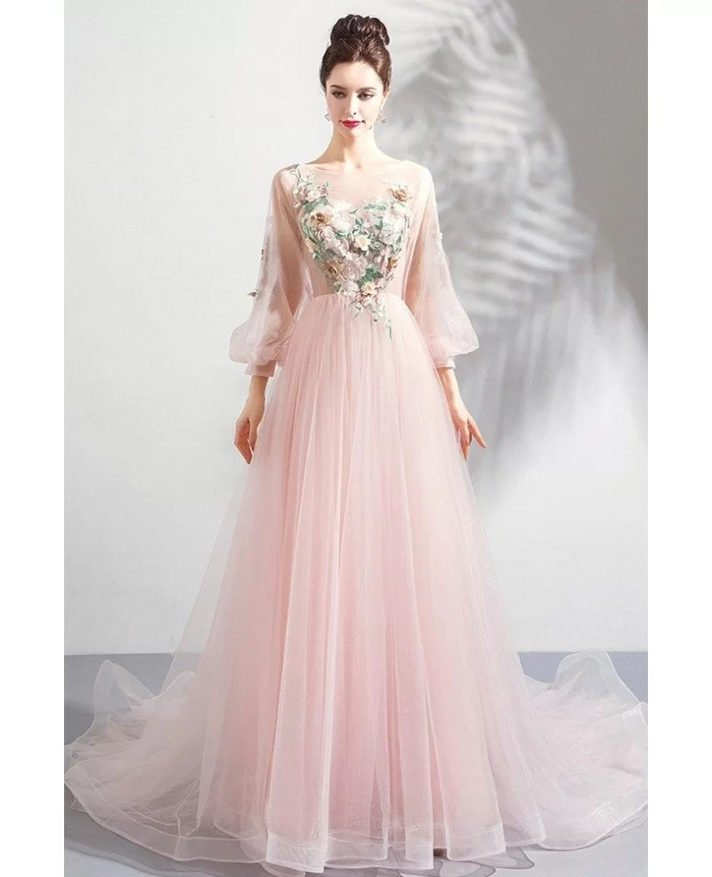 Beautiful Pink Tulle Long Floral Prom Dress With Long Sleeves Wholesale ...