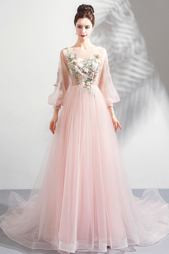 Beautiful Pink Tulle Long Floral Prom ...