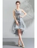 Unique Grey High Low Embroidery Short Party Prom Dress Sleeveless