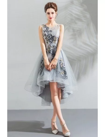 Unique Grey High Low Embroidery Short Party Prom Dress Sleeveless