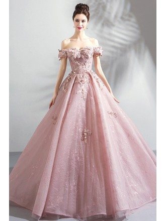 Fairy Off Shouler Pink Ball Gown Formal Prom Dress With Appliques