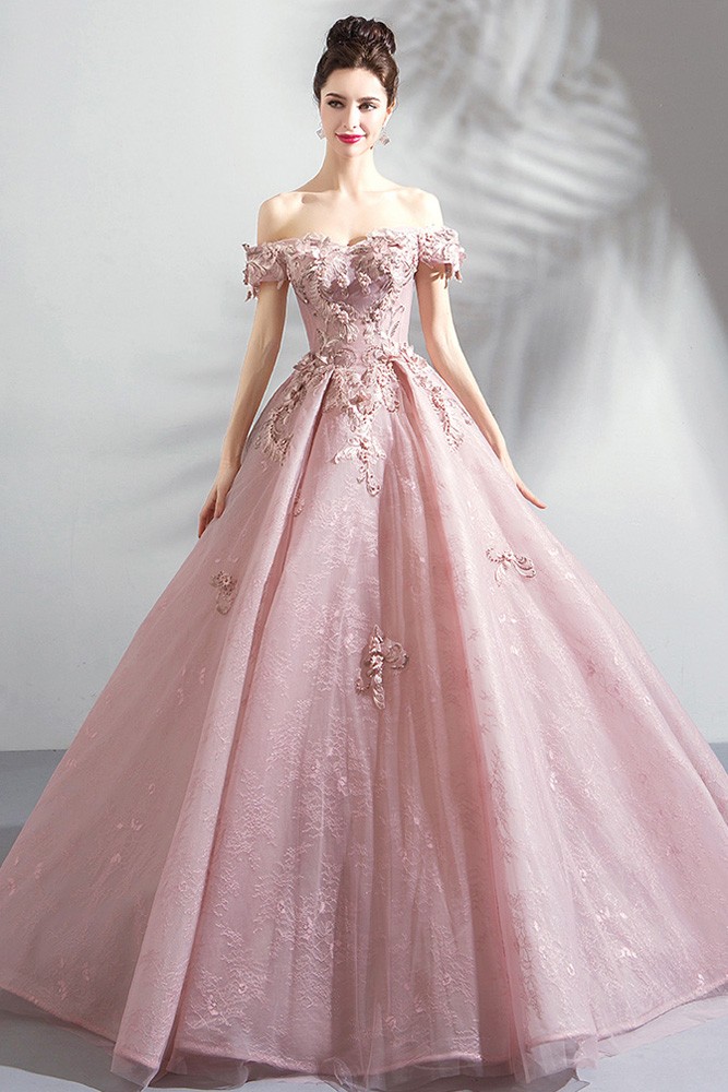 Fairy Off Shouler Pink Ball Gown Formal Prom Dress With Appliques ...