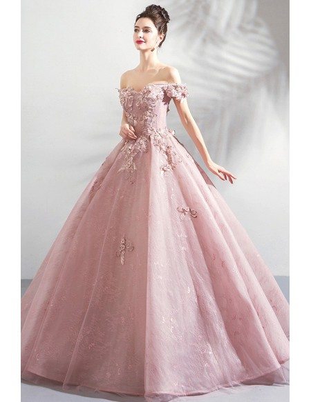Fairy Off Shouler Pink Ball Gown Formal Prom Dress With Appliques
