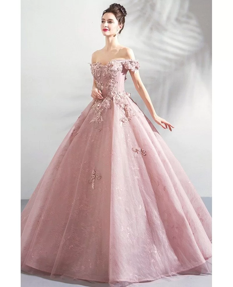 Fairy Off Shouler Pink Ball Gown Formal Prom Dress With Appliques ...