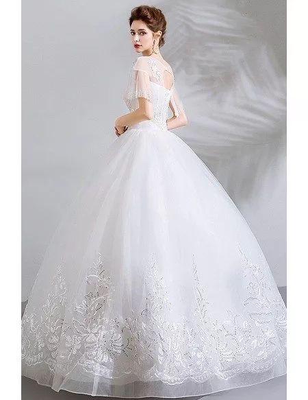 Special Lace Trim White Ball Gown Wedding Dress With Sheer Neckline