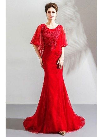 Elegant Long Red Tight Mermaid Formal Dress With Cape Sleeves