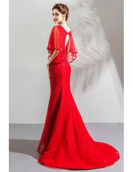 Elegant Long Red Tight Mermaid Formal Dress With Cape Sleeves
