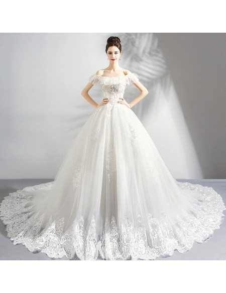 Dreamy White Lace Ball Gown Princess Wedding Dress Off Shouler With Train