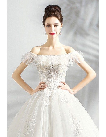 Dreamy White Lace Ball Gown Princess Wedding Dress Off Shouler With Train