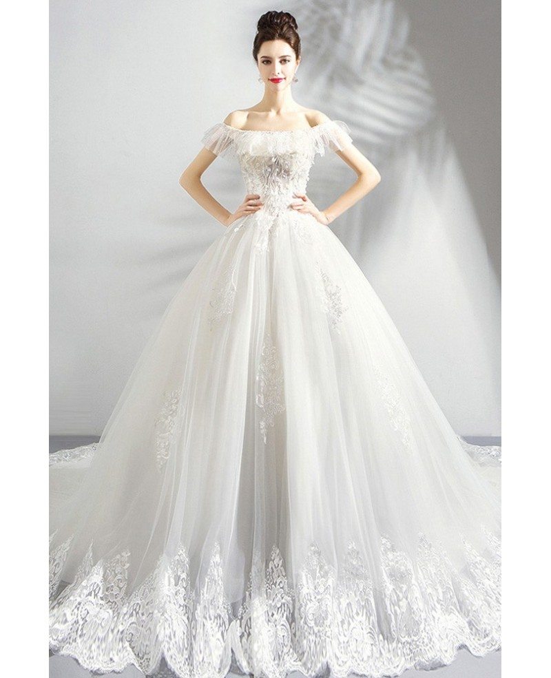 Dreamy White Lace Ball Gown Princess Wedding Dress Off Shouler With ...