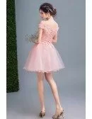 Cute Pink Appliques Short Tulle Prom Dress Off Shoulder