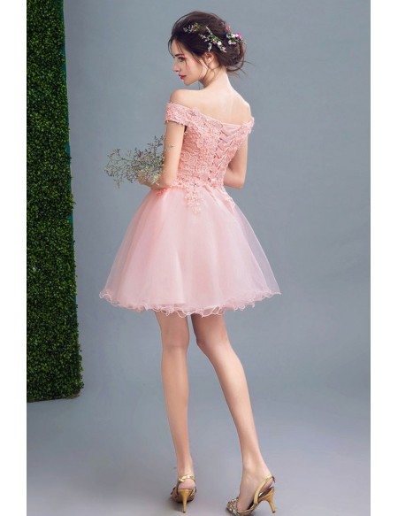 Cute Pink Appliques Short Tulle Prom Dress Off Shoulder