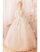 Fancy Unique Beaded Embroidery Ball Gown Wedding Dress With Sleeves